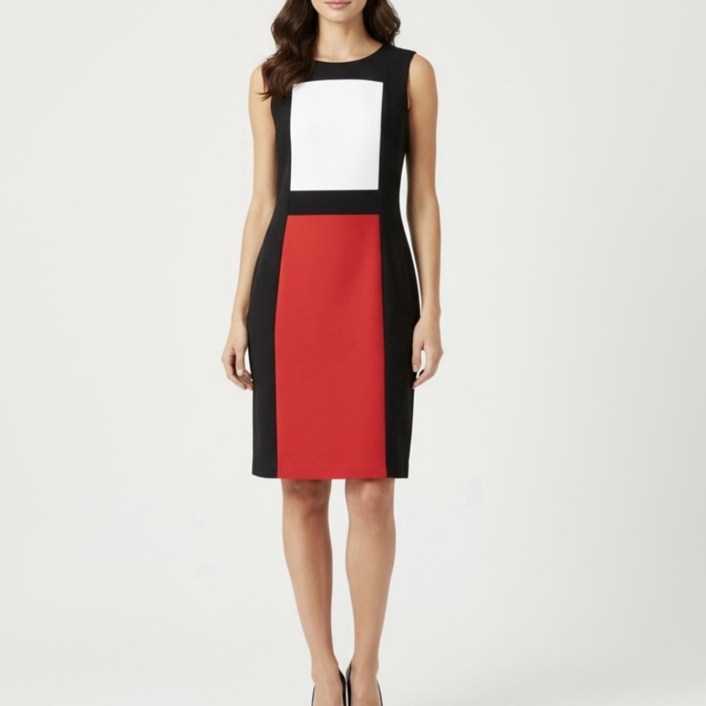 Calvin Klein Black Red White Colorblock Ponte Knit Sleeveless Sheath Dress 6